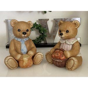 Vintage Homco Porcelain Mama and Papa Set 2 Teddy Bears 1405 Harvest Cottage 80s